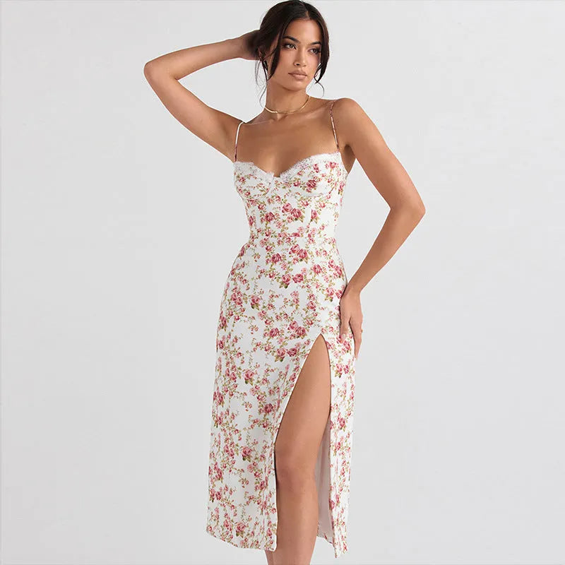 Women's blue lace print long dress with suspender straps and a side slit.