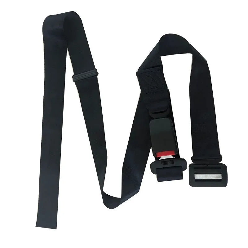 Black pregnancy safety belt with anti-strangulation design and metal buckle on adjustable ABS polyester strap