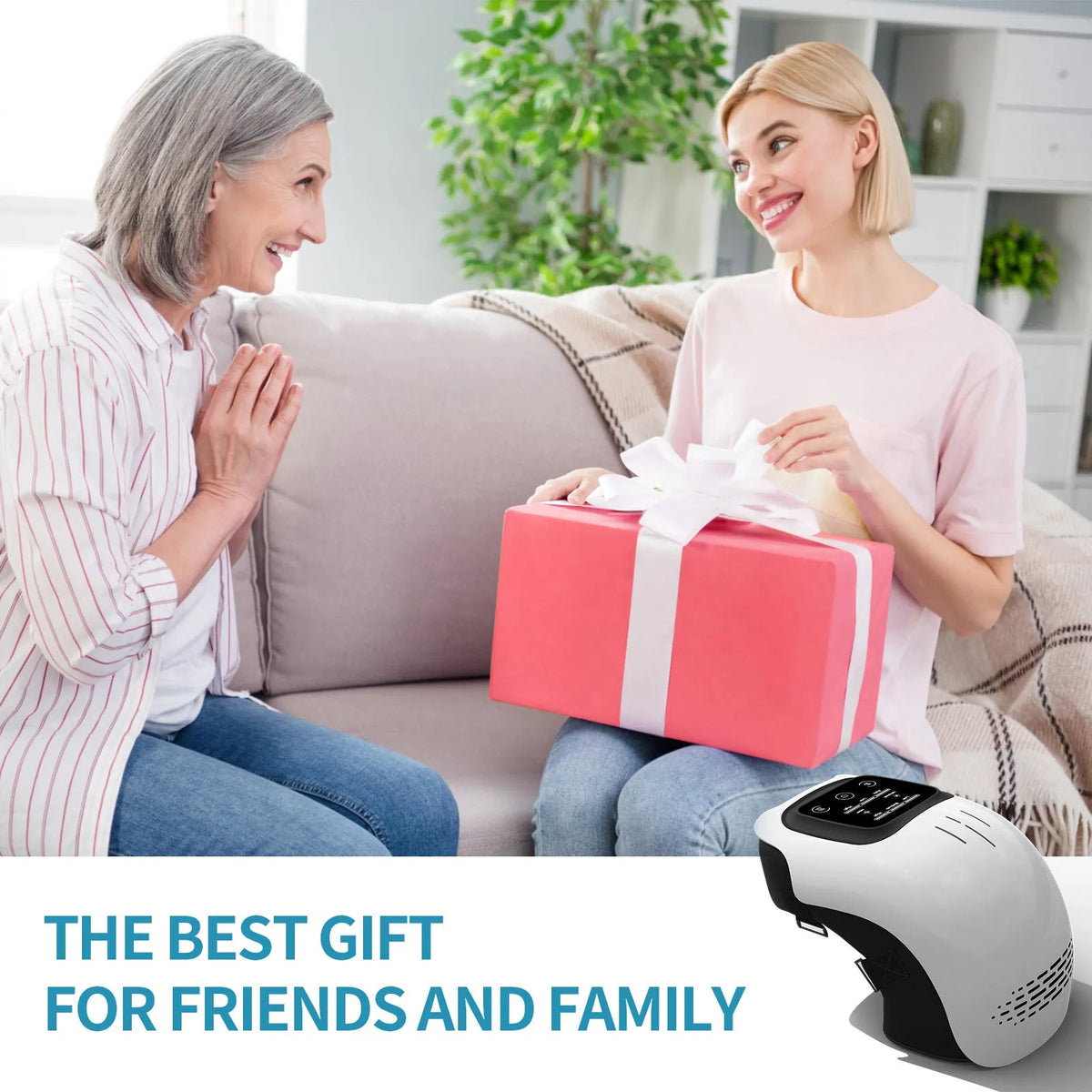 White electric knee massager showing flexible design with control panel and USB charging port