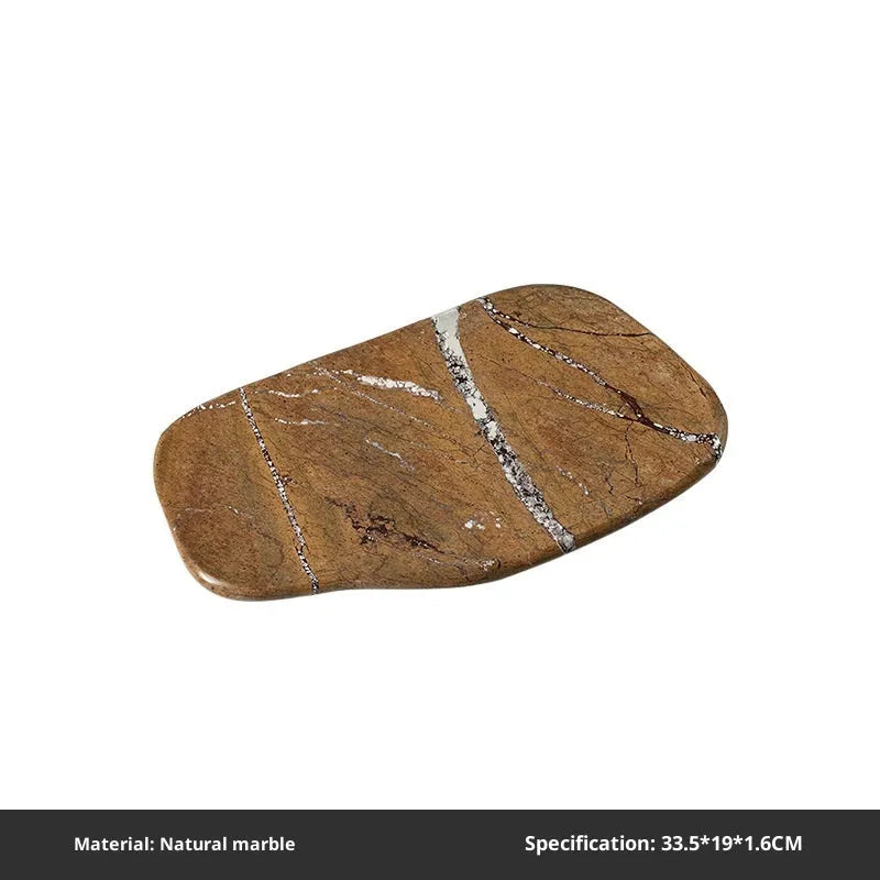 Irregular art marble tray in natural stone, 33.5x19cm, Coffee colour, with smooth polished surface on a wooden table