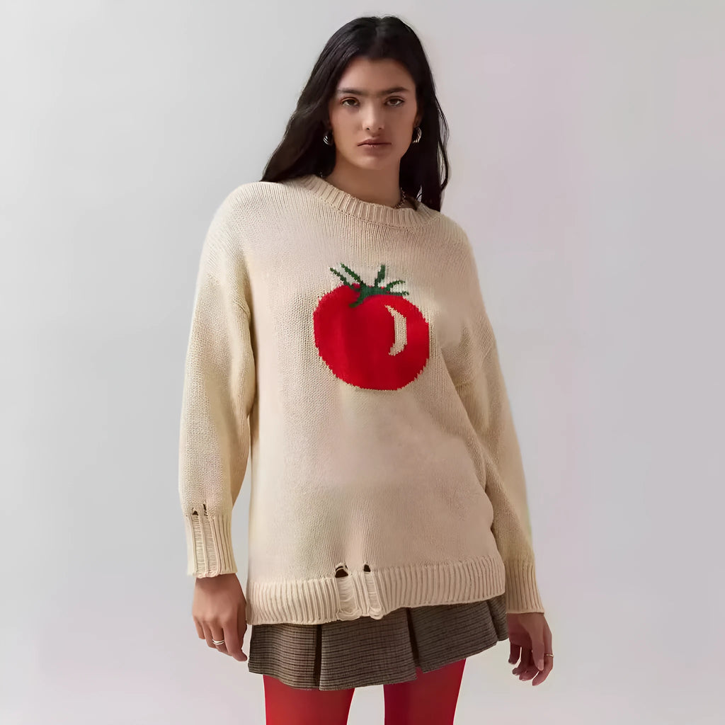 Women's acrylic jacquard pullover sweater with round neck and loose-fitting design in milky white