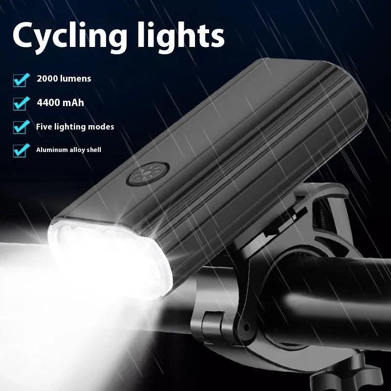 Aluminium alloy bicycle headlight with 2000LM output and USB Type-C charging port.