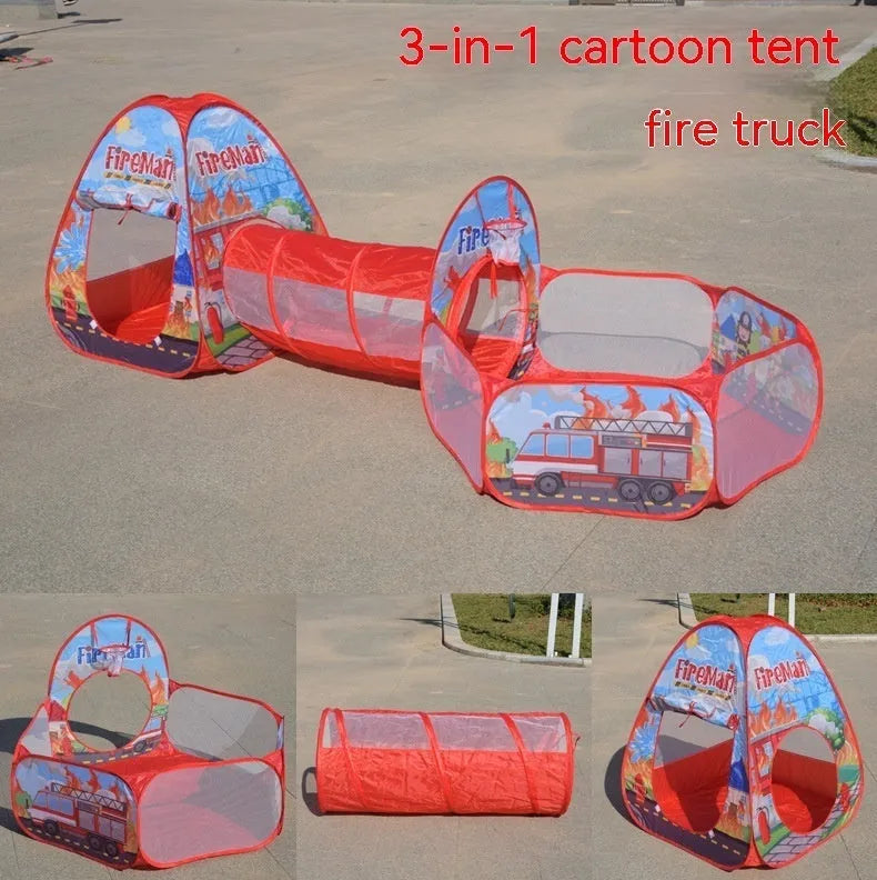 Children's three-in-one play tent set with ball pool and crawl tunnel in marine cartoon design