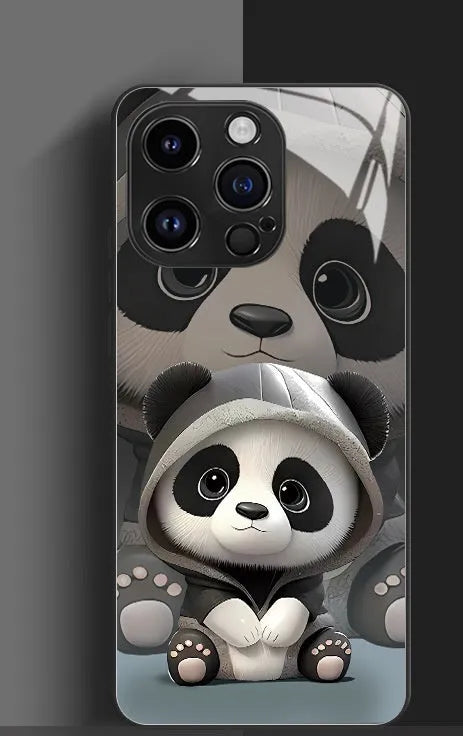 High-permeability glass phone case with painted cute panda artwork for iPhone 15 14 13 12 in black
