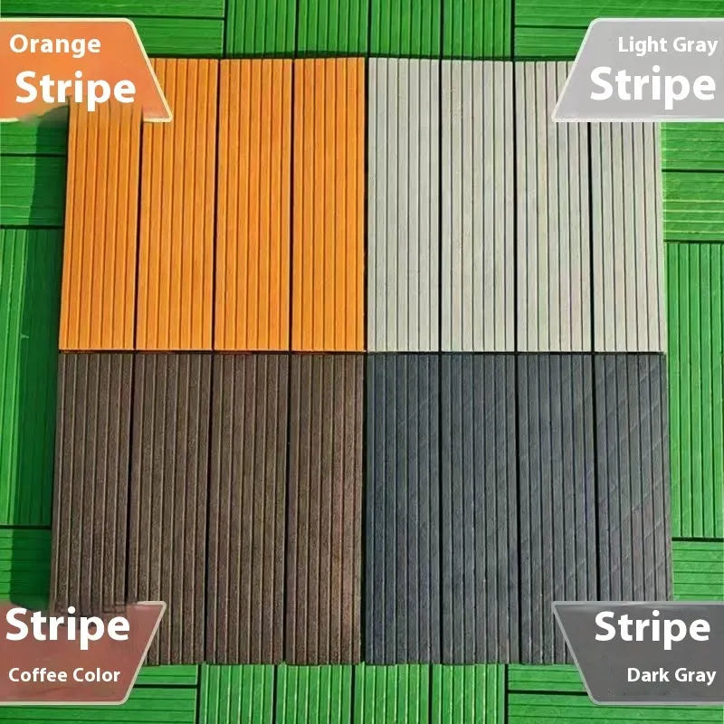Pack of ten brown wood grain patterned plastic interlocking floor tiles