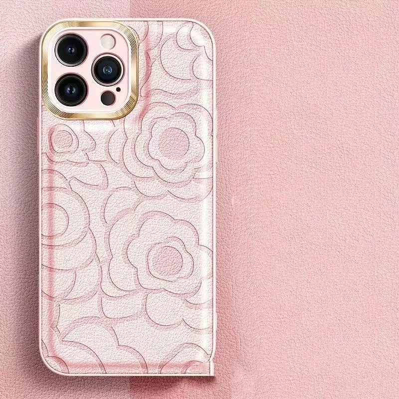 Camellia leather pattern phone case in antique white for iPhone with soft edge and hard back drop protection