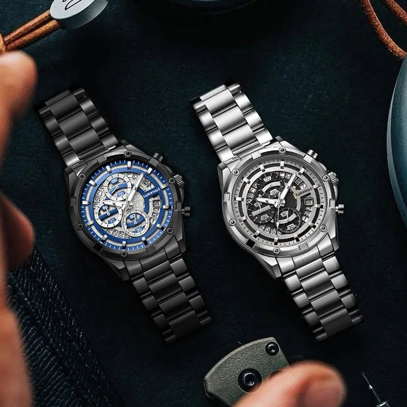 Men's waterproof quartz watch with luminous markers on stainless steel bracelet in three colour variations