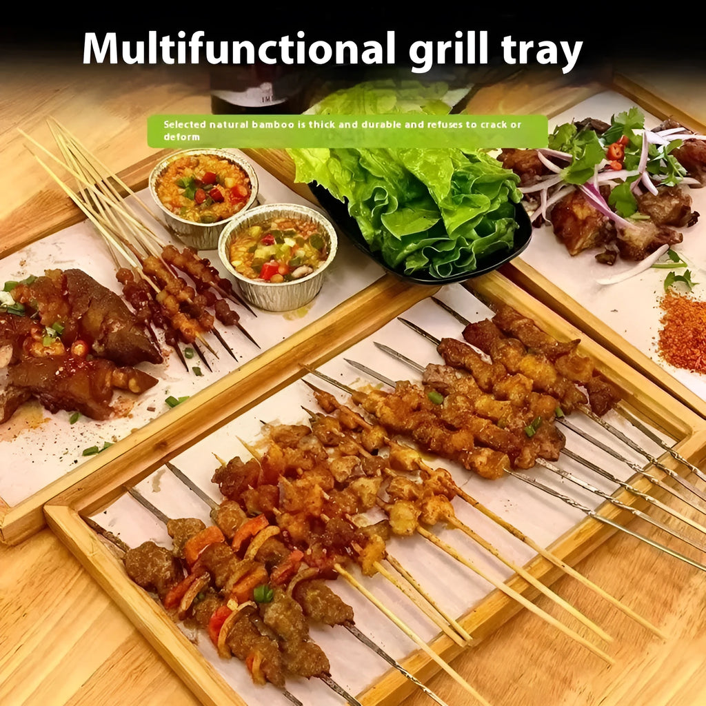 Square bamboo barbecue plate tray with brown handle in solid colour