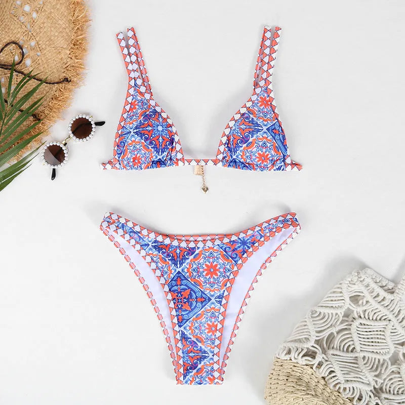 Women's retro four-colour printed polyester bikini set with European styling
