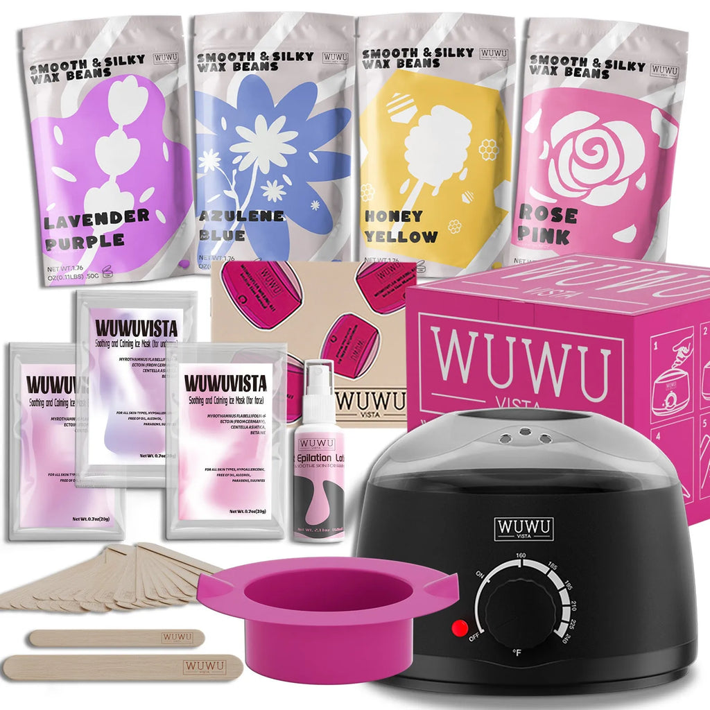 29-piece hard waxing kit with black wax warmer, wax beads, facial and body sticks, aftercare products