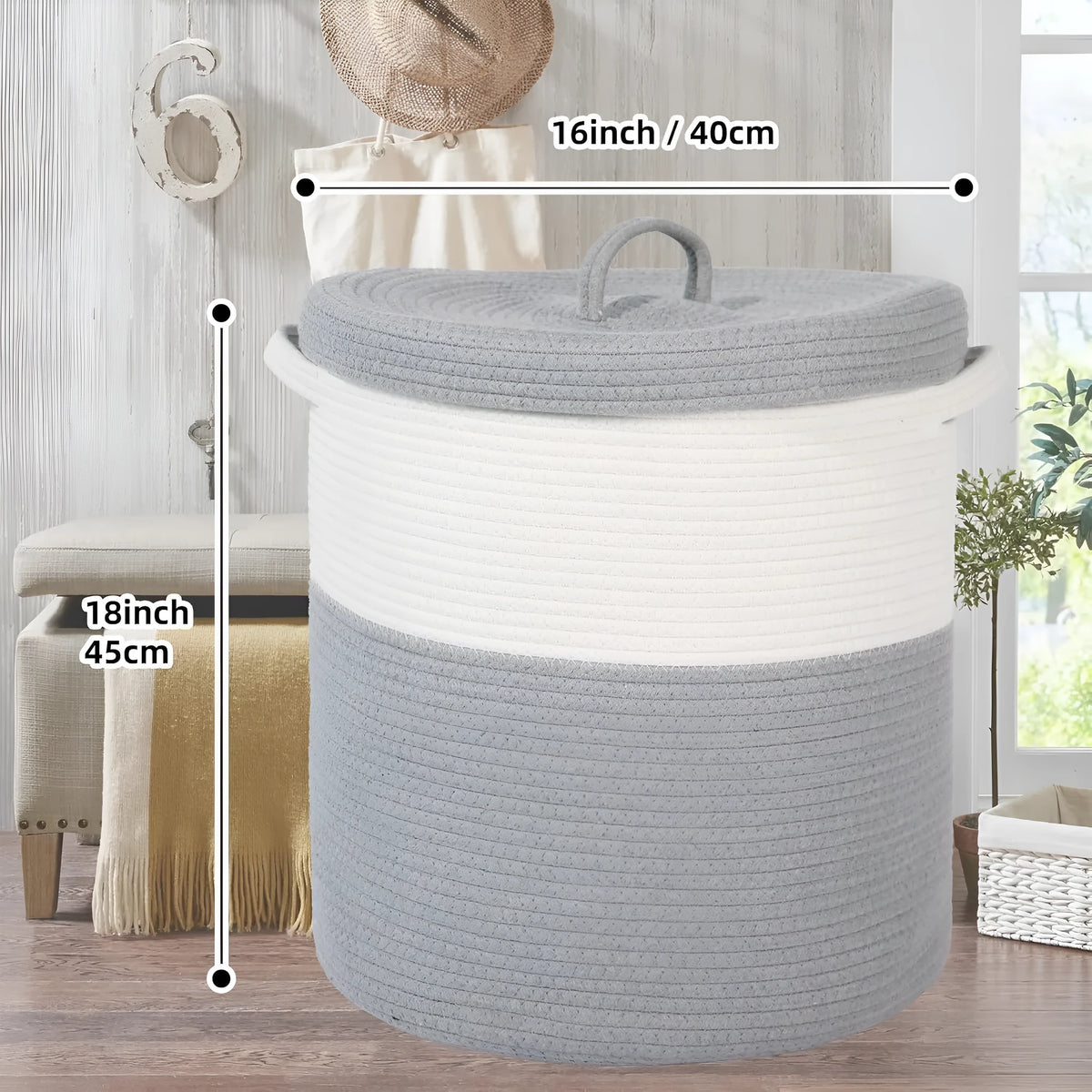Extra large cotton string laundry basket with lid in brown, grey, zebra or colour matching, woven cotton thread storage hamper