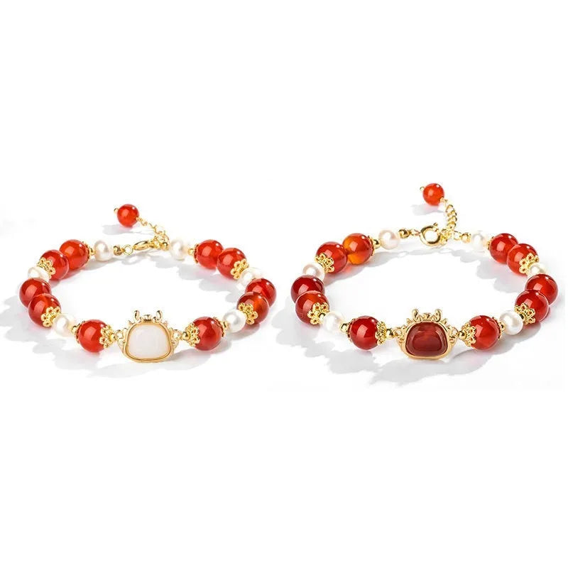 Xiao Hong rope bracelet for women with agate diamond beads and dragon motif, electroplated finish, Chinese style