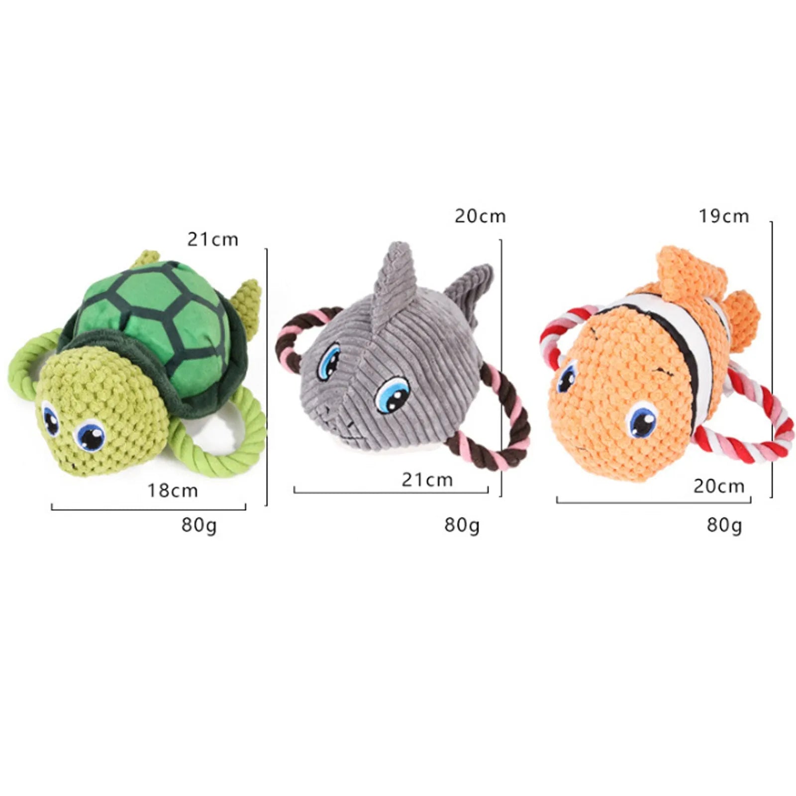 Grey, green, and orange turtle-shaped plush dog toy with knot details and squeaker.