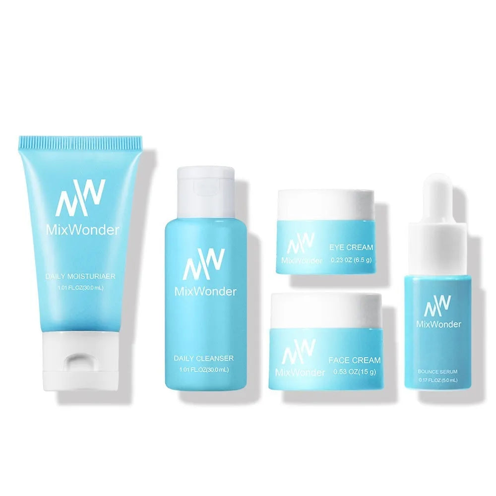 Five-piece facial care travel pack with moisturizing cleansing tonic, lotion, cream, and eyes lotion in portable packaging