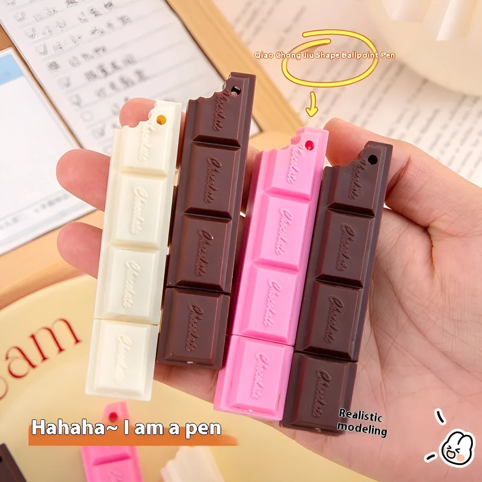 Chocolate bar simulation ballpoint pen with plastic body and 0.5mm tip.