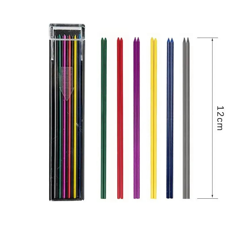 Boxed mechanical pencil replacement leads pack of 12 in rainbow colours in plastic container