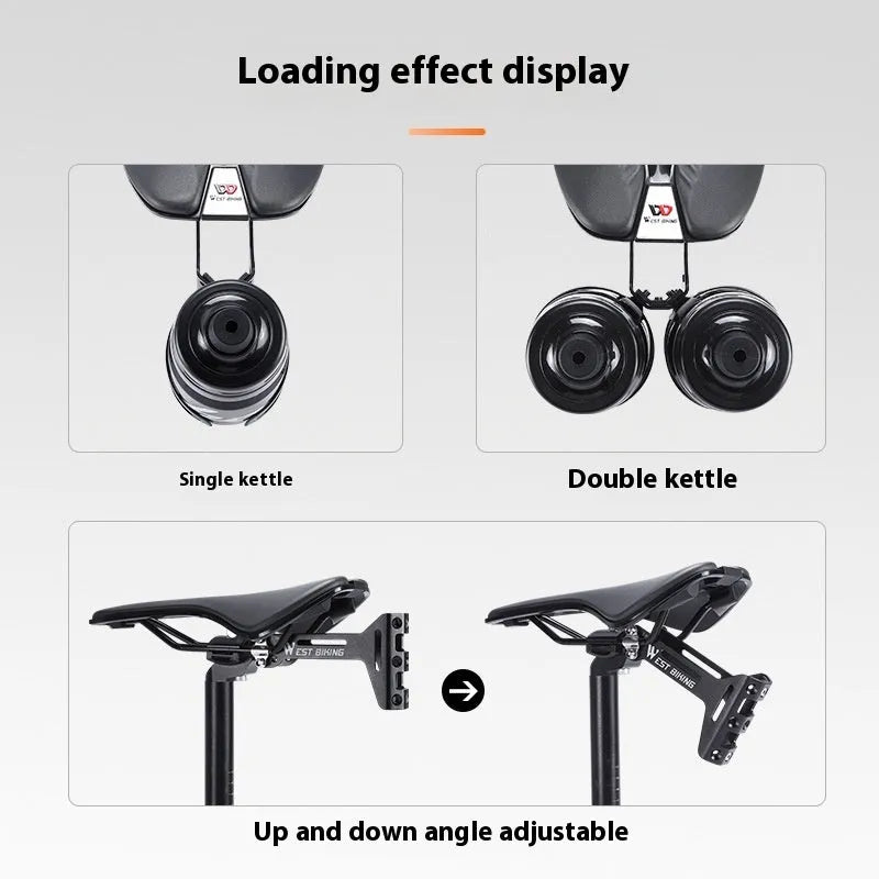 Black bicycle double water bottle cage extension bracket made of 6061 aluminium alloy with CNC anodised finish and adjustable angle