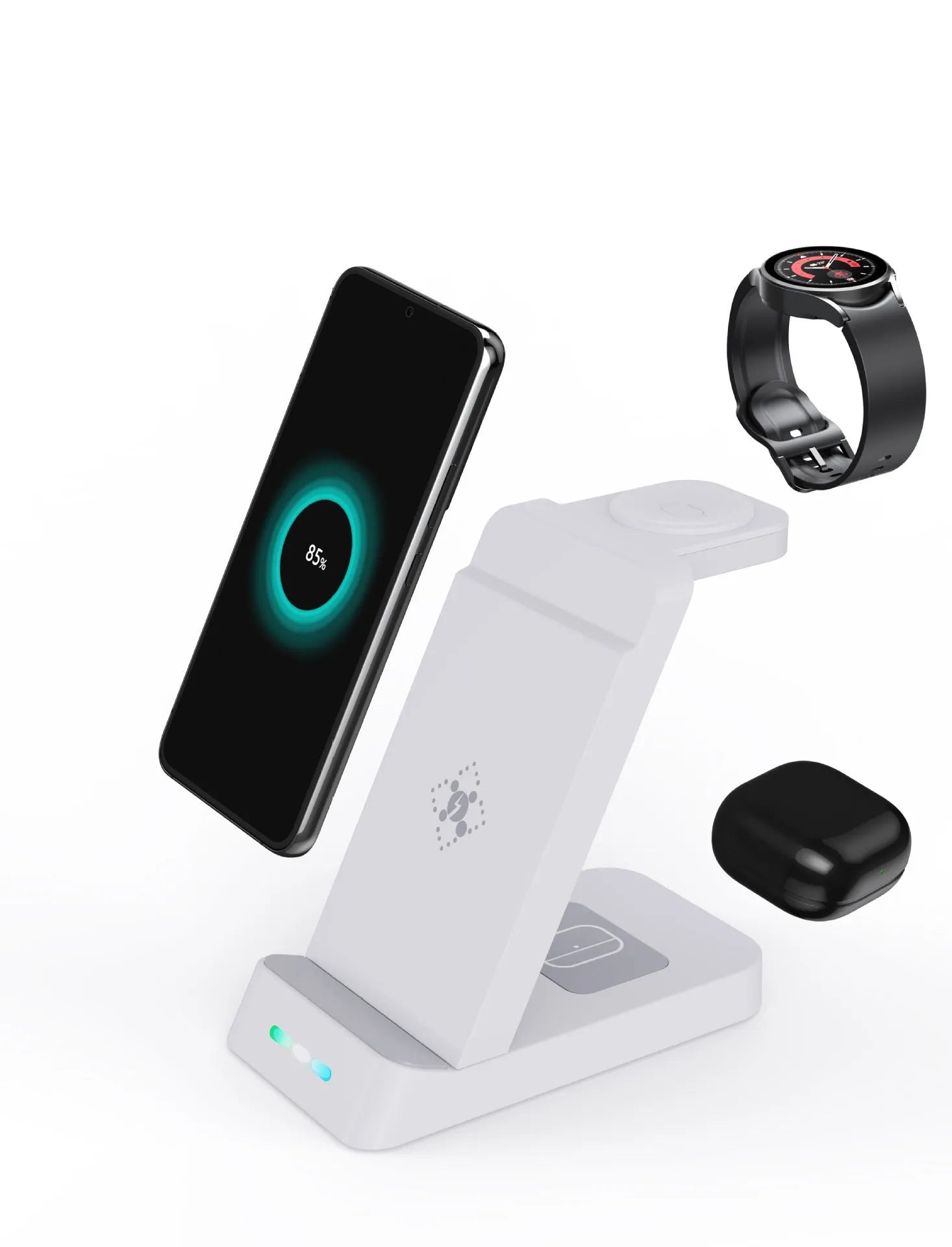 Black 3 in 1 wireless charging station with phone stand holding smartphone, smartwatch and earbuds