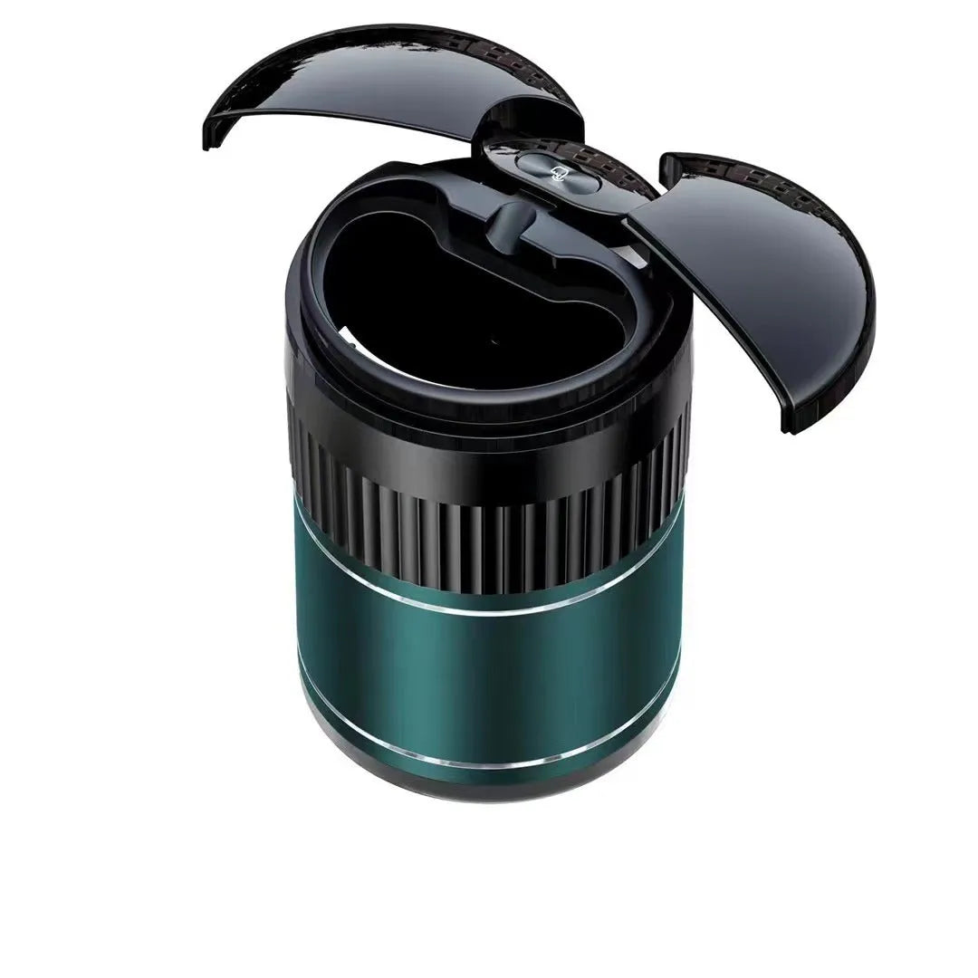 Compact metal smart car ashtray with lid in choice of colours for vehicle and home use.