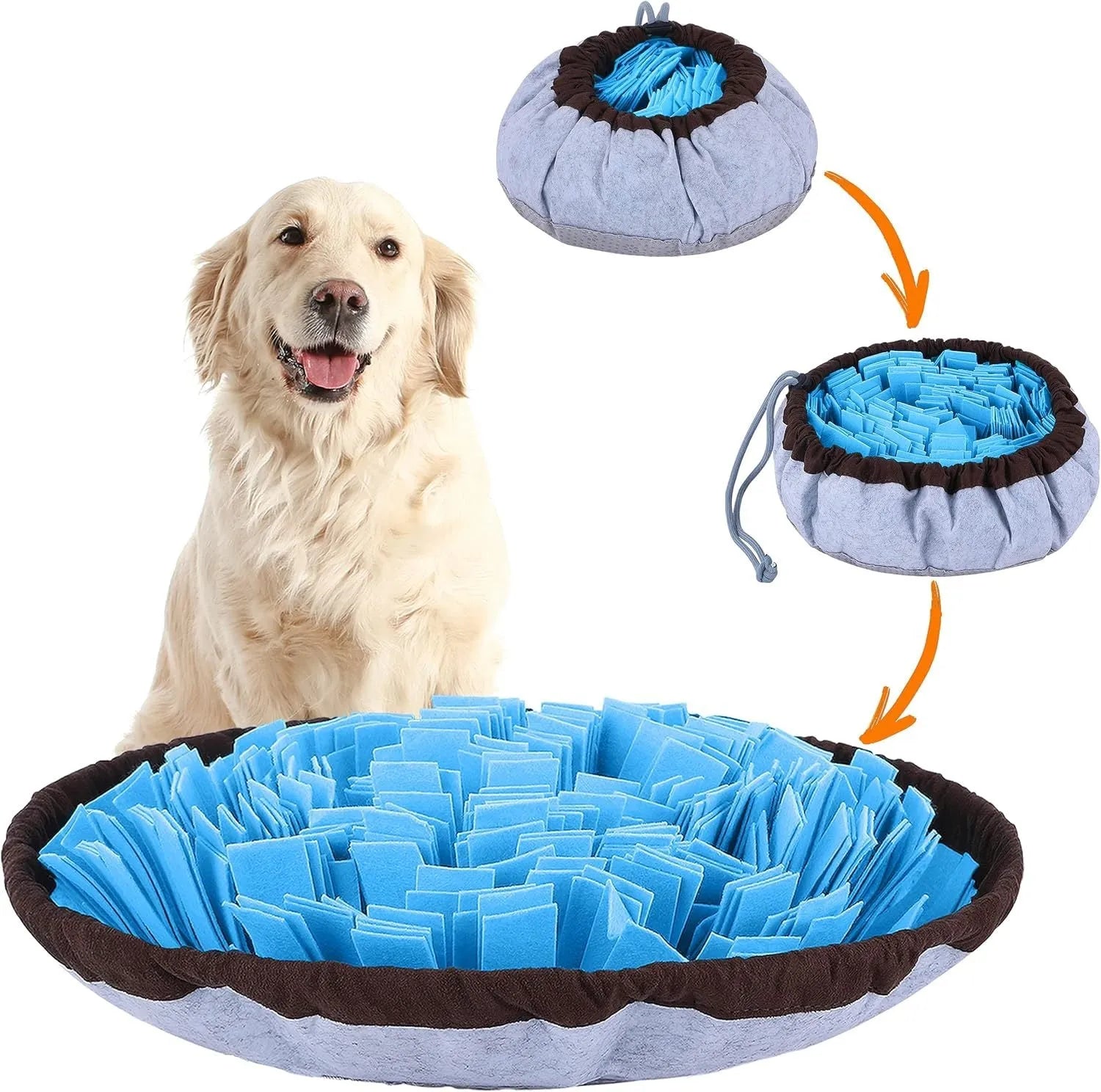 Blue adjustable dog snuffle mat spread out showing foraging folds for slow feeding