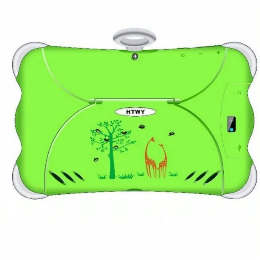 7-inch children's learning tablet in cartoon colours with integrated stand showing on-screen educational content