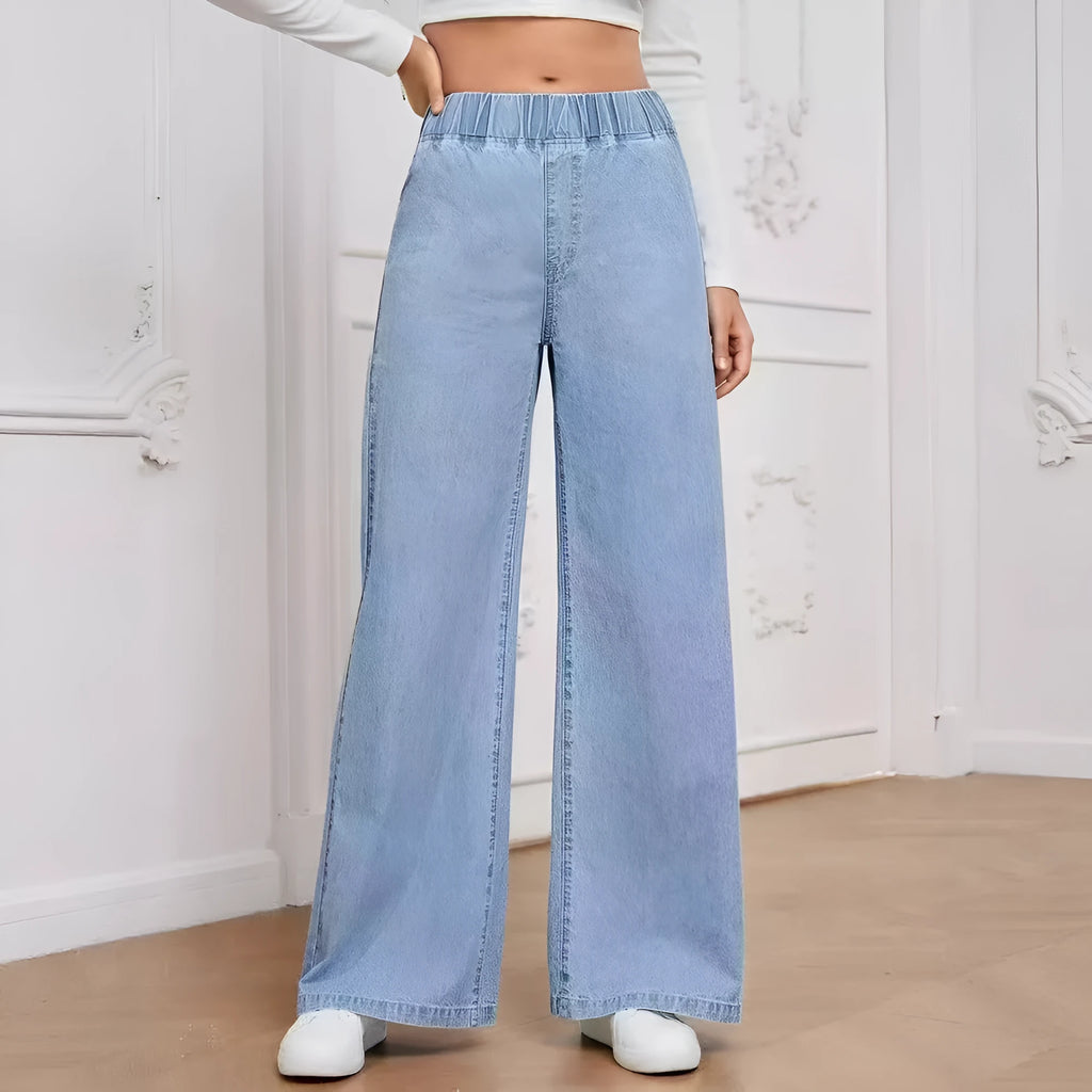 Plus size light blue washed wide-leg denim jeans with straight fit and mid waist design