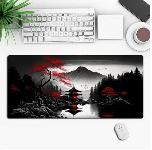 Custom anime print gaming mouse pad with non-slip rubber cloth base on a desk.