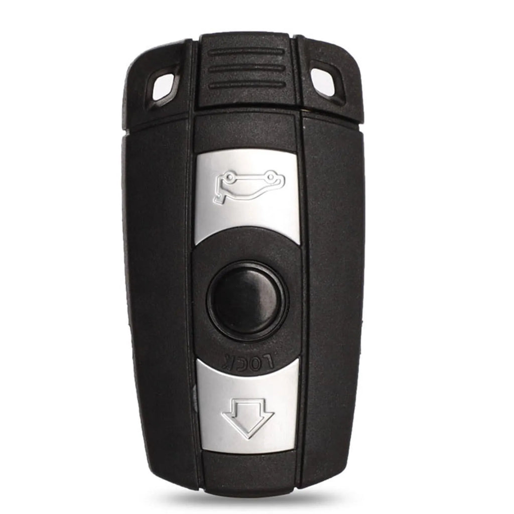 BMW HU92 semi-intelligent 3-button remote car key fob with metal and plastic case.