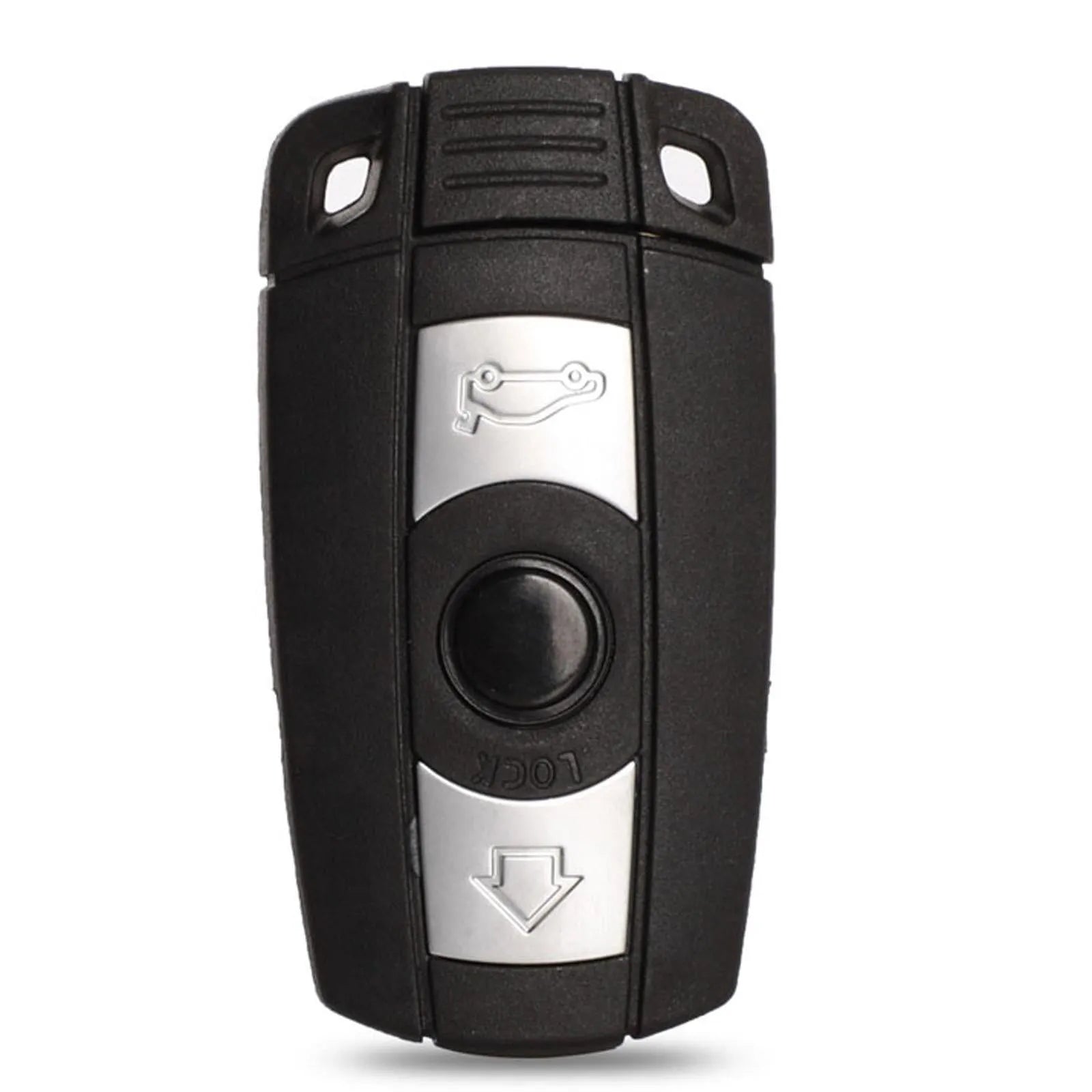 BMW HU92 semi-intelligent 3-button remote car key fob with metal and plastic case.