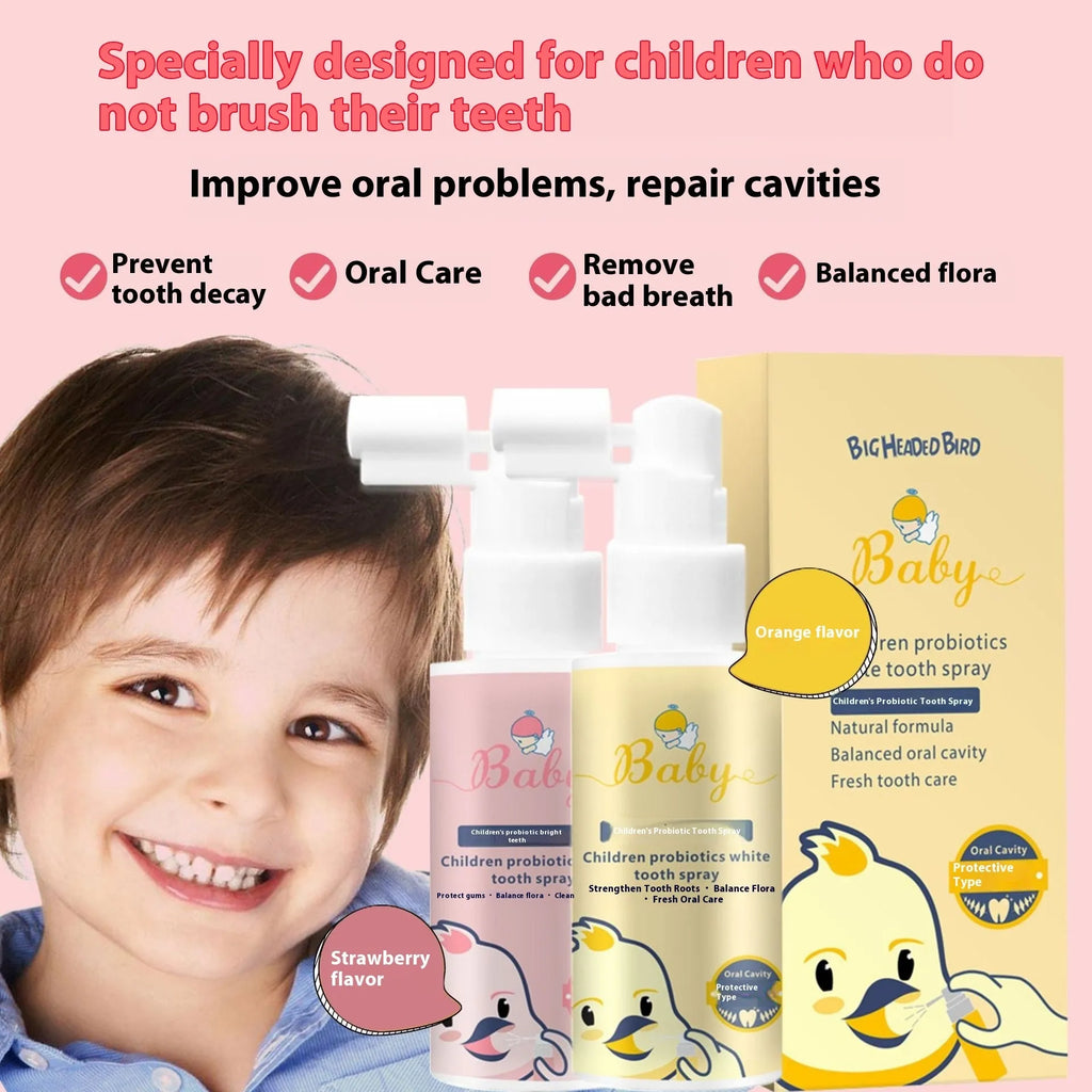 Children's probiotics white teeth cleaning spray 40ml bottle with strawberry or orange flavour options
