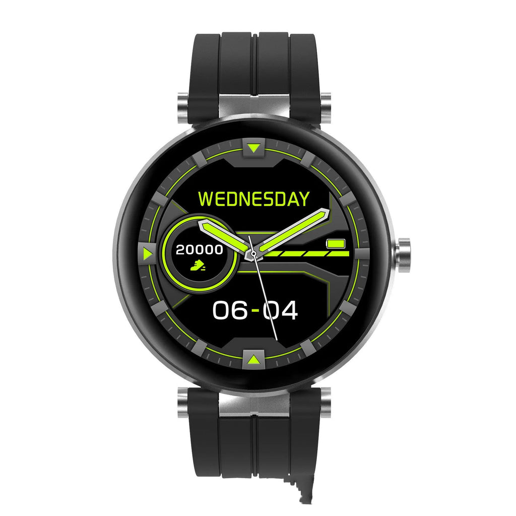 Smart watch with blood pressure monitoring on wrist showing 1.3 inch screen and silicone strap