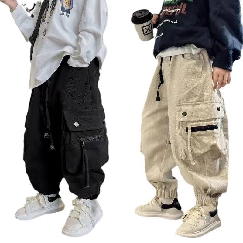 Children's cotton workwear trousers available in beige and black for heights 120cm to 170cm mid-waist fit