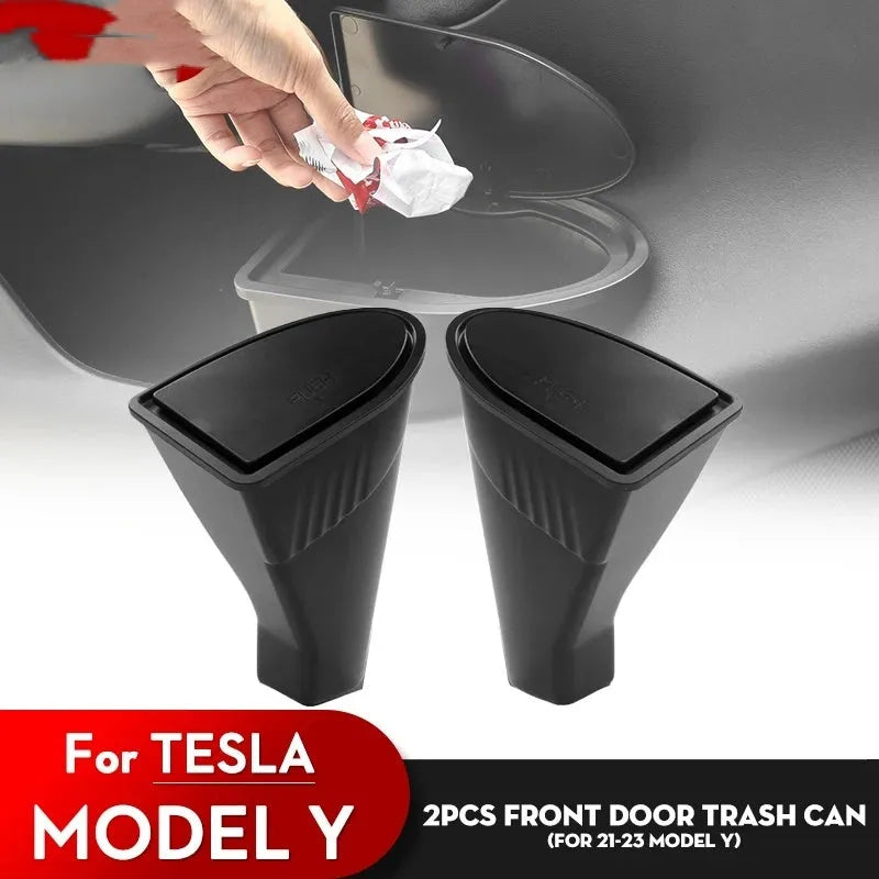 Two black ABS plastic Tesla Model Y car door trash cans showing Y-type design