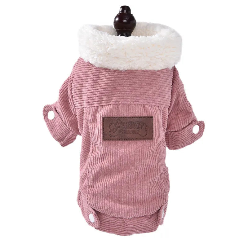 Grey lambswool fleece-lined dog vest for winter wear on a canine model