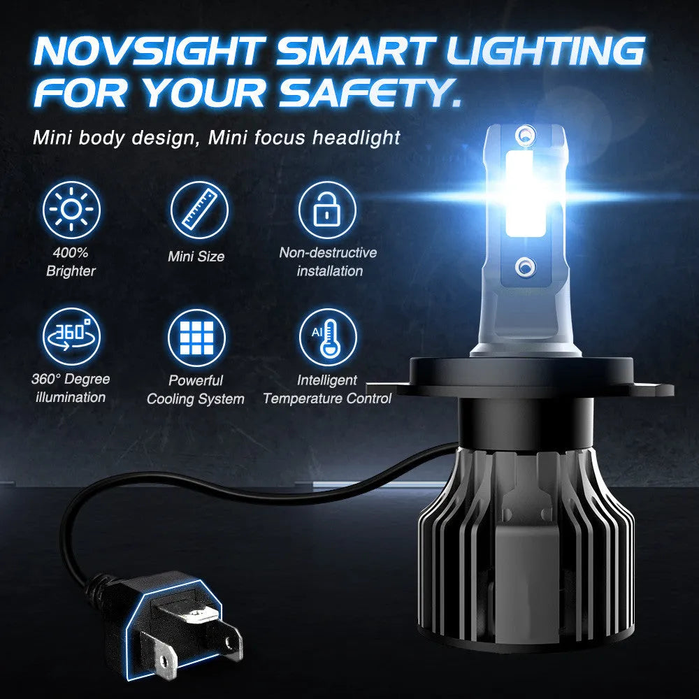 Car LED headlight bulb kit showing 6000K white light, 72W high power, and plug-and-play connectors.