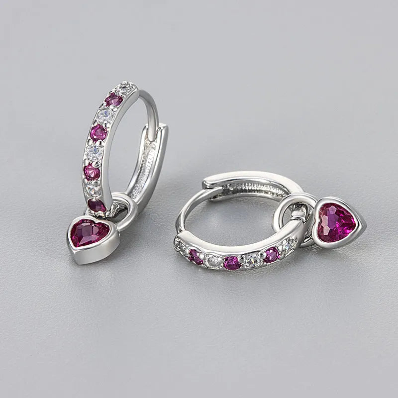 Women's heart-shaped zircon earrings with coloured gemstone centre and gold or white gold plating