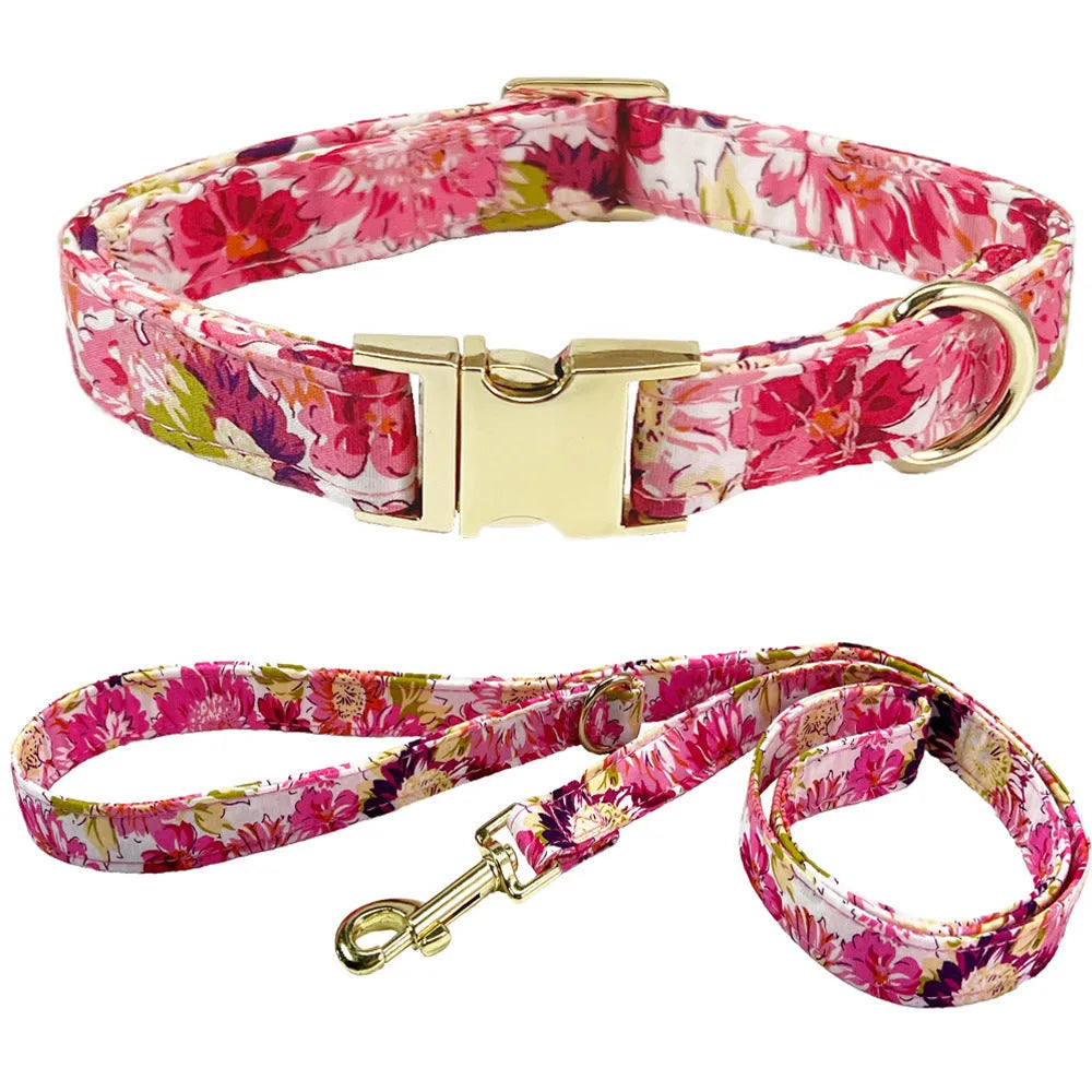 Cotton metal floral dog collar and matching hand-holding rope leash for medium to large dogs