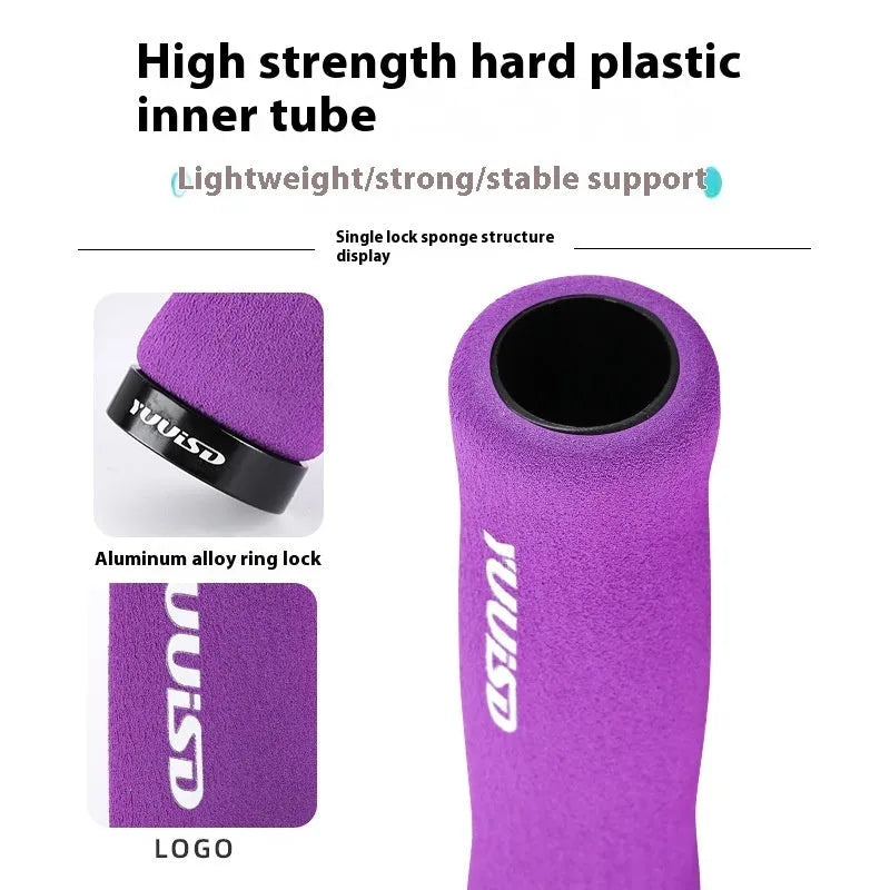 Pair of ultra-light 41g soft sponge mountain bike handlebar grips in black, purple, and biange colour options.