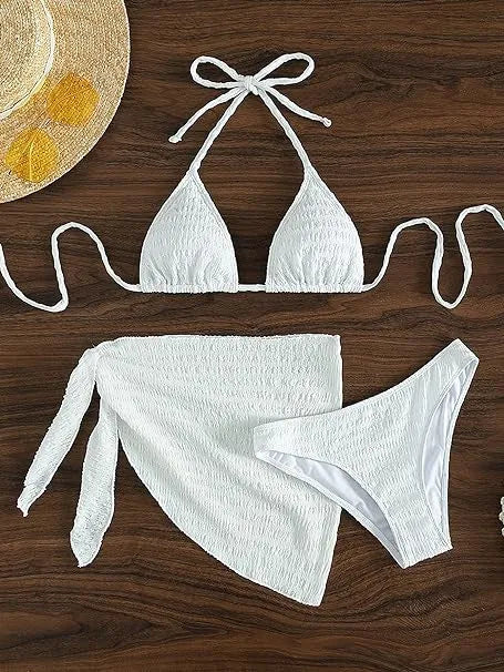 White lace-up split three-piece bikini swimsuit set for women in spandex