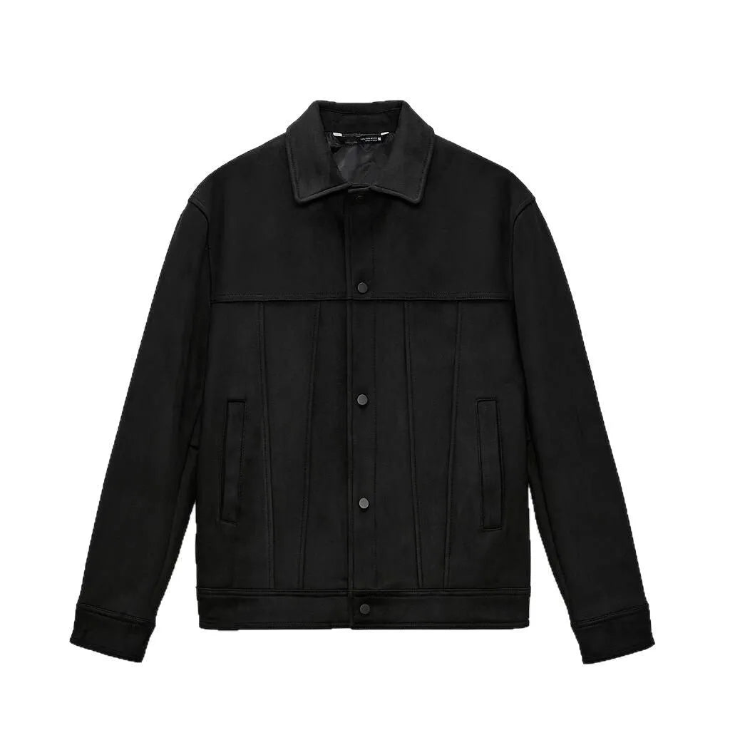 Black men's hooded casual jacket with a suede collar, showing side seam pockets and loose long sleeves.