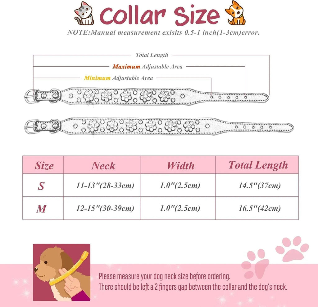 Rhinestone and studded flower pattern on a black adjustable PU leather dog collar with metal D-ring