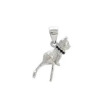 Close-up of a sterling silver cat pendant necklace on a chain with an electroplated finish.