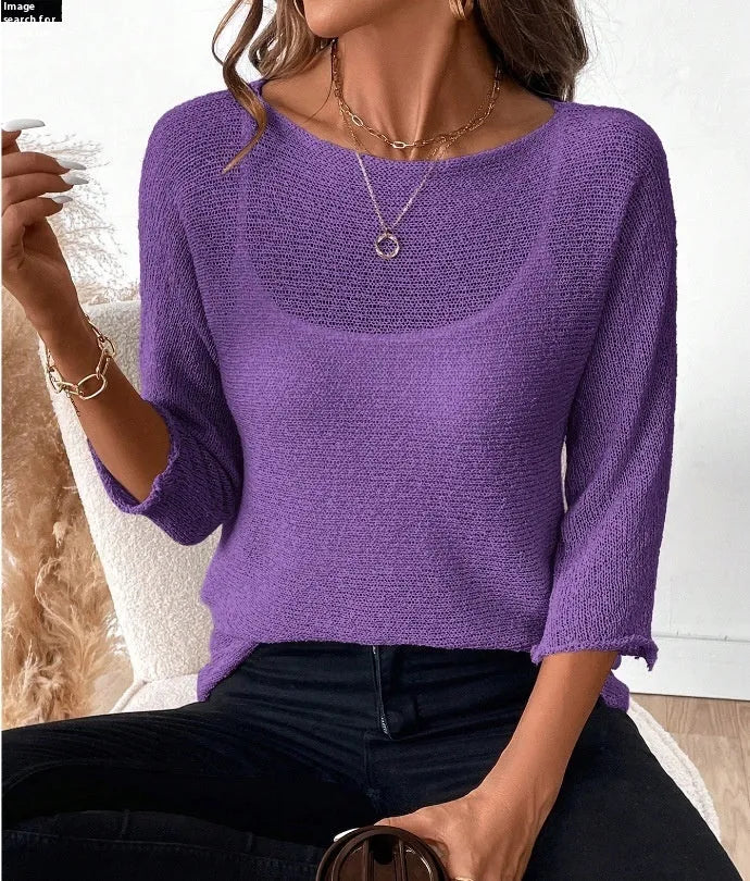 Women's off-shoulder knitted top in thin polyester with 3D pattern and 3/4 sleeves