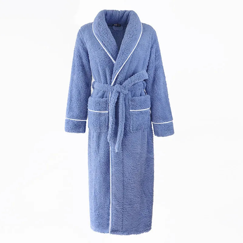 A super thick flannel couple's bathrobe for winter, shown in a colour option like navy blue or emerald green.