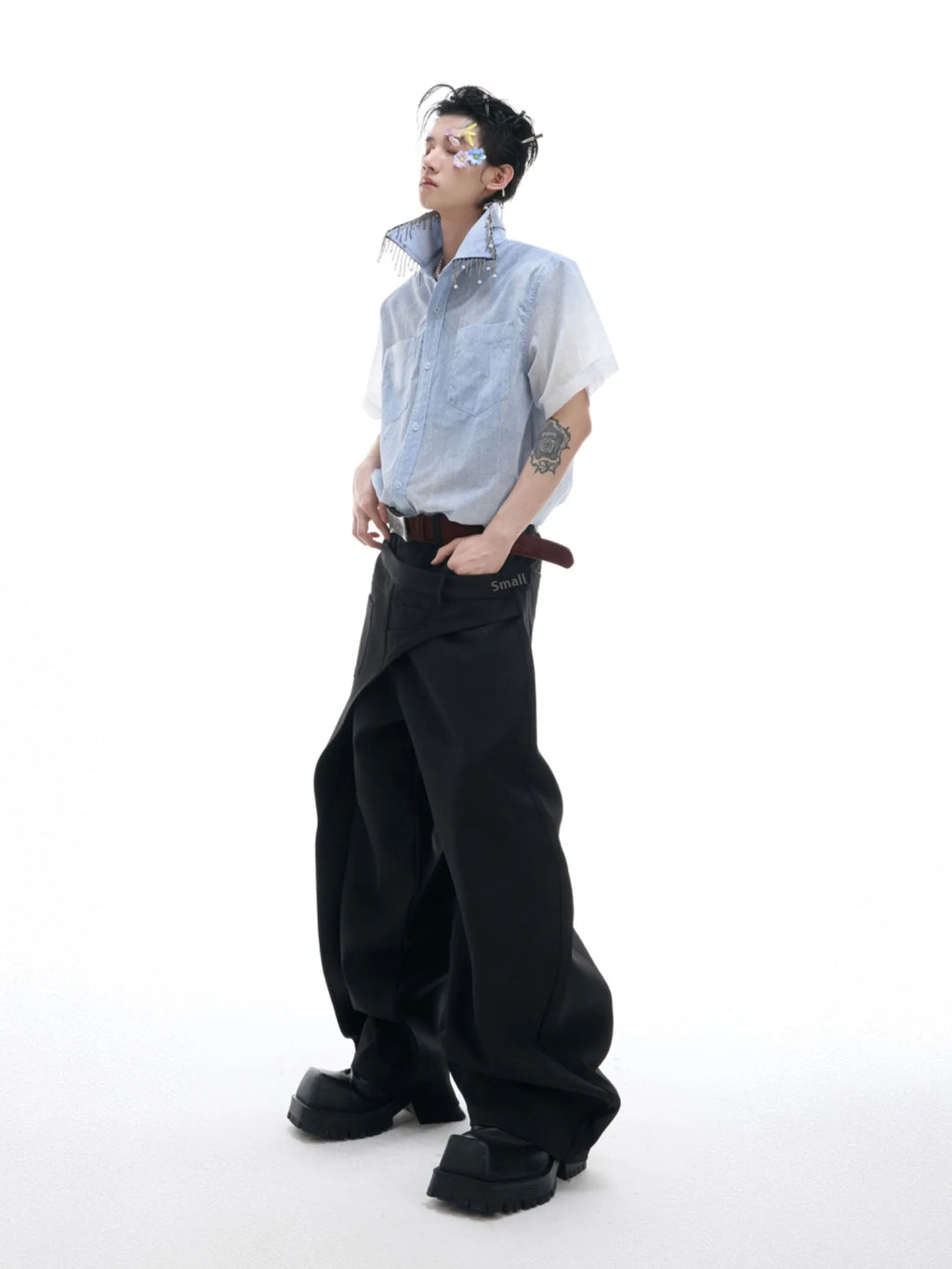 Men's blue and white gradient loose fit short sleeve casual shirt on a hanger.