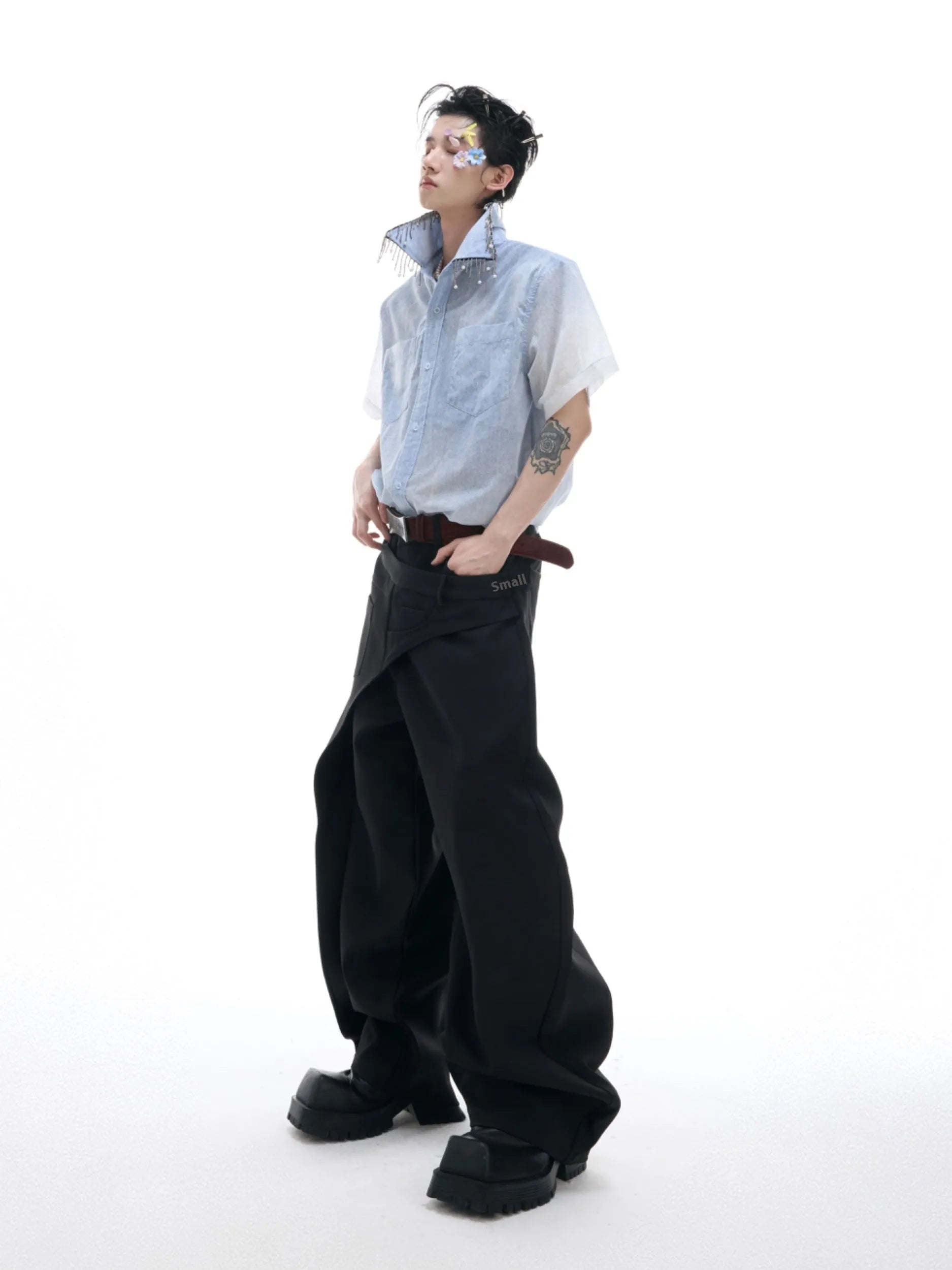 Men's blue and white gradient loose fit short sleeve casual shirt on a hanger.