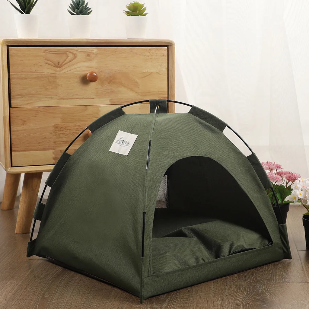 Pet tent cooling mat bed with cushion for dog or cat, military green, portable travel pet bed in L size