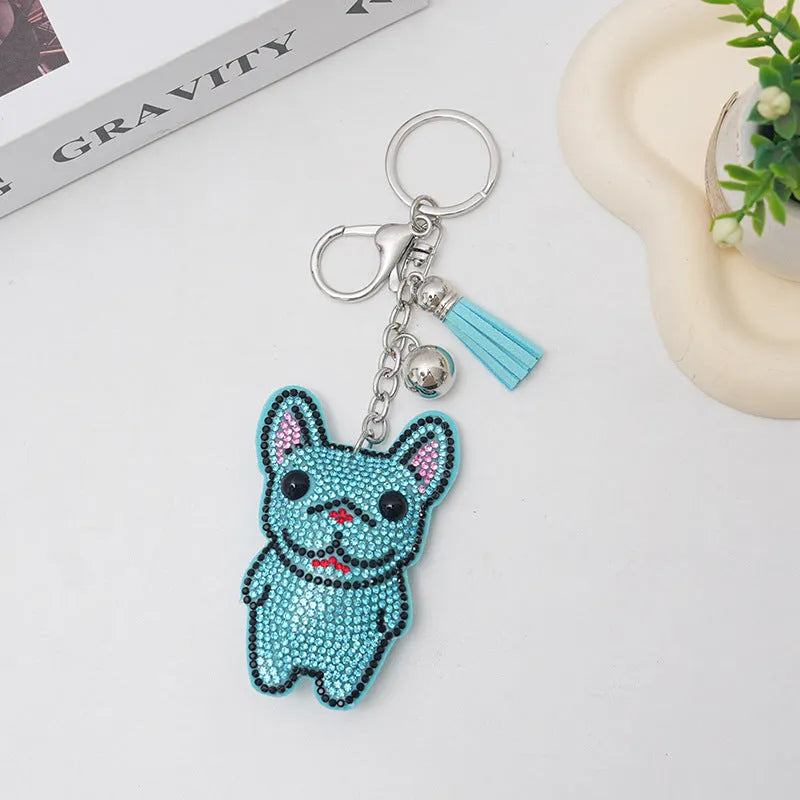 French dog cartoon design rhinestone keychain with alloy tassel pendant in caramel colour
