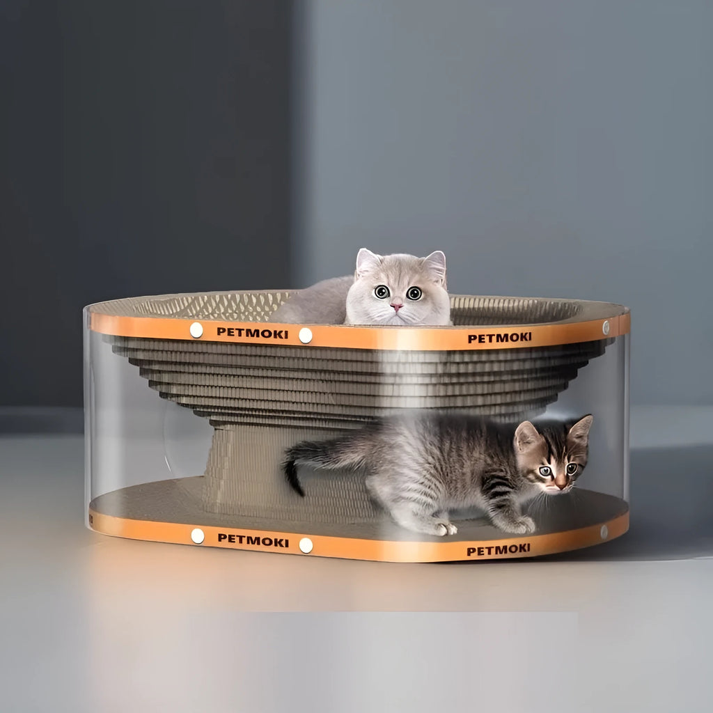 Transparent diamond-patterned cat scratch board and nest tunnel toy measuring 58x45x23cm