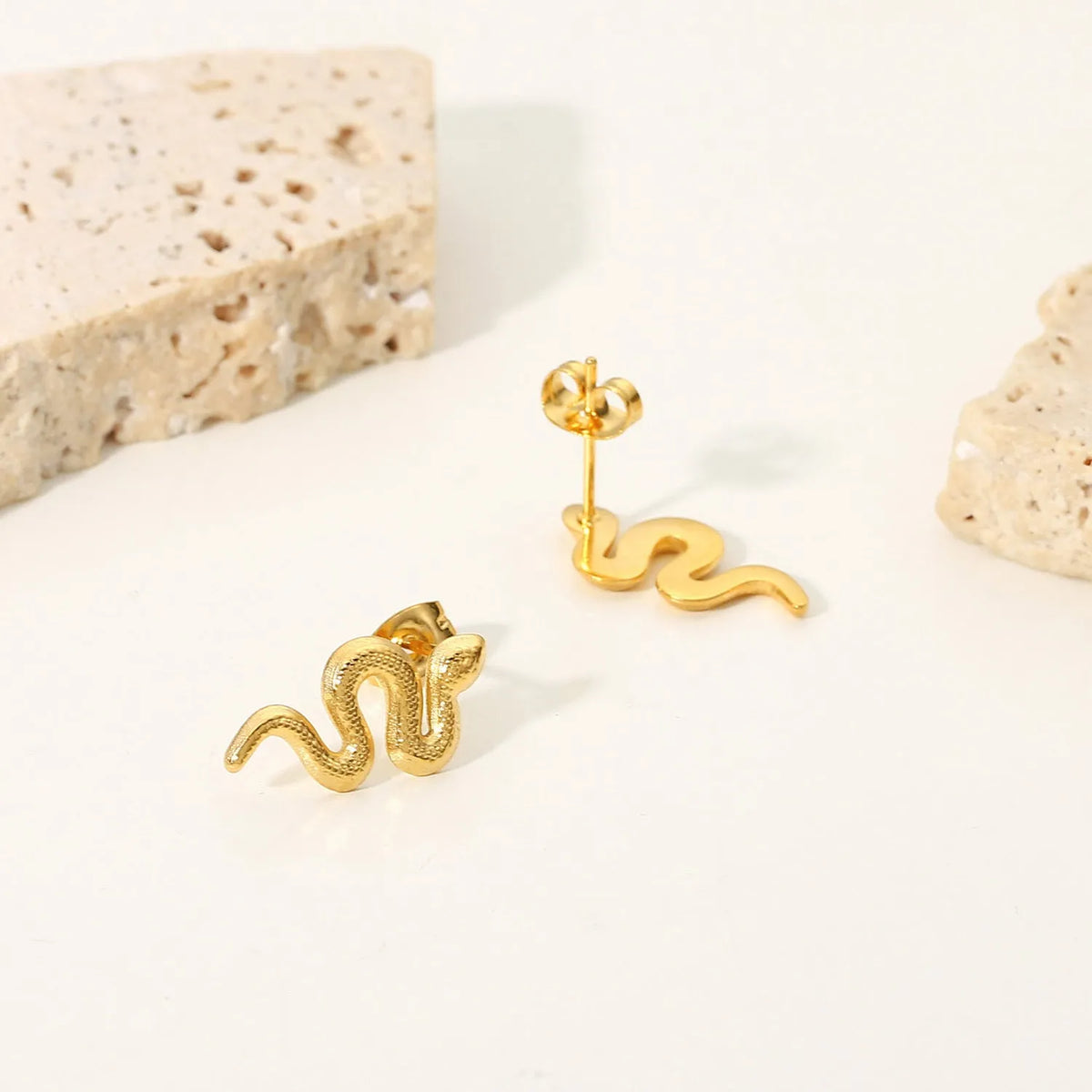 Gold snake stud earrings for women, 18K gold plated stainless steel, INS style, 1 pair